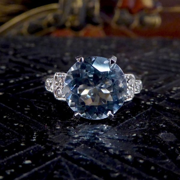 Antique Art Deco 2.75ct Aquamarine Ring with Diamond Set Shoulders