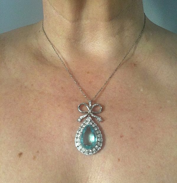 Antique Edwardian 16.40ct Aquamarine and Diamond Cluster Pendant Necklace