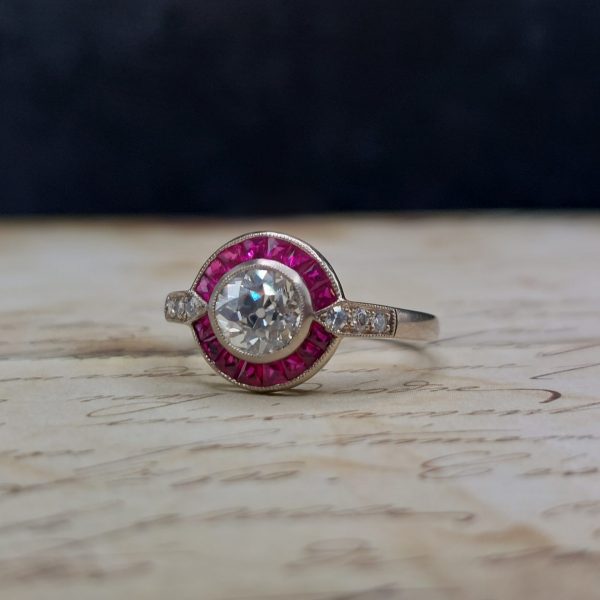 Art Deco Style 0.90ct Diamond and Ruby Target Ring MED2