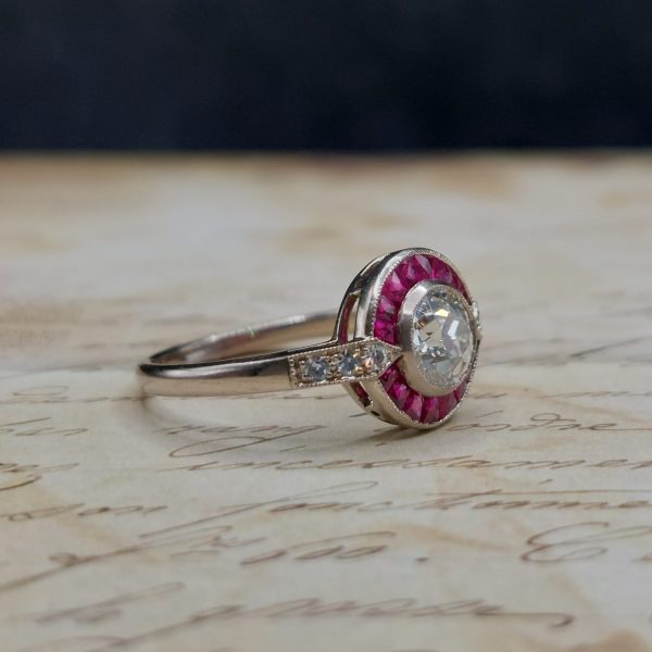 Art Deco Style 0.90ct Diamond and Ruby Target Ring