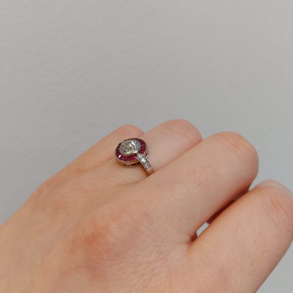 Art Deco Style 0.90ct Diamond and Ruby Target Ring
