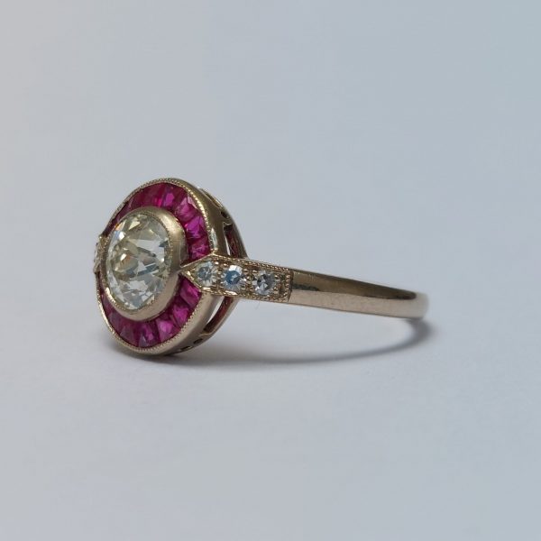 Art Deco Style 0.90ct Diamond and Ruby Target Ring