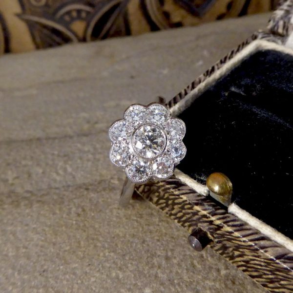 Contemporary 1.10ct Old Cut Diamond set Daisy Cluster Ring 