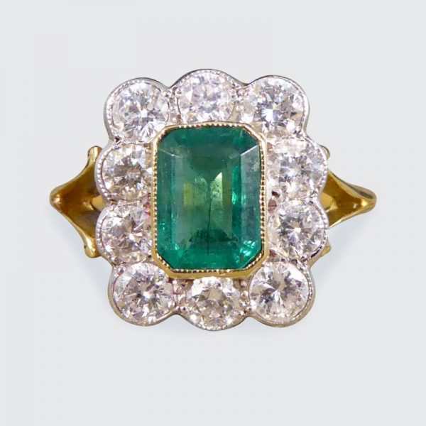 Contemporary Edwardian Style 1.00ct Emerald and Diamond Cluster Ring