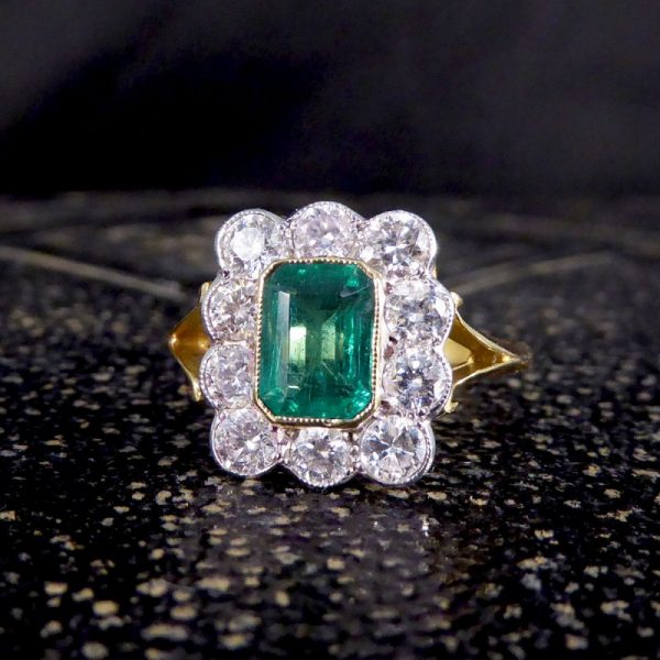 Contemporary Edwardian Style 1.00ct Emerald and Diamond Cluster Ring