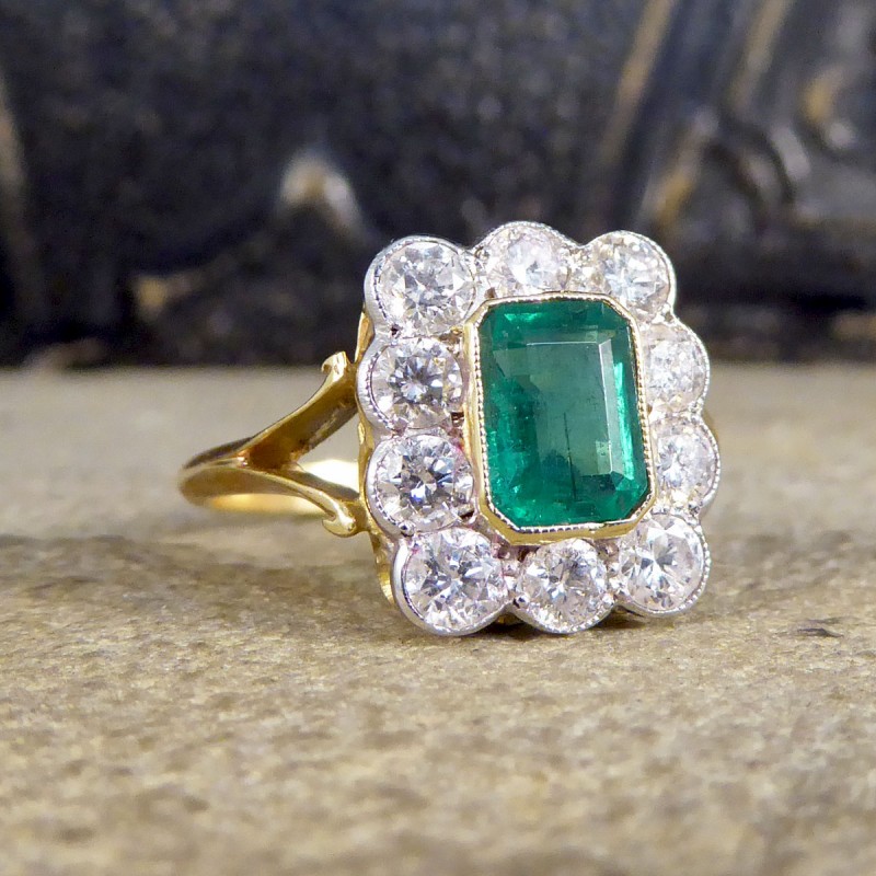 Contemporary Edwardian Style 1.00ct Emerald and Diamond Cluster Ring