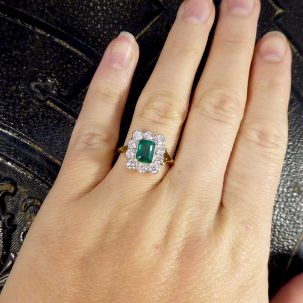 Contemporary Edwardian Style 1.00ct Emerald and Diamond Cluster Ring