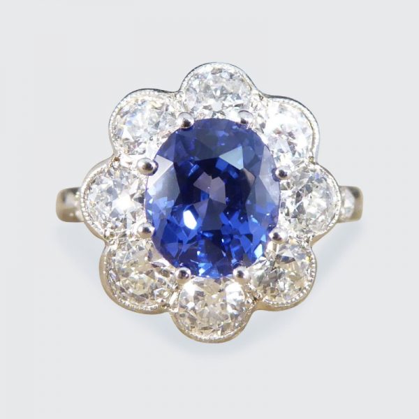 Contemporary Edwardian Style 2.30ct Sapphire and Diamond Cluster Ring