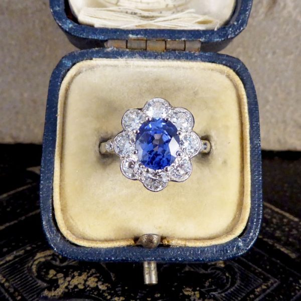 Contemporary Edwardian Style 2.30ct Sapphire and Diamond Cluster Ring