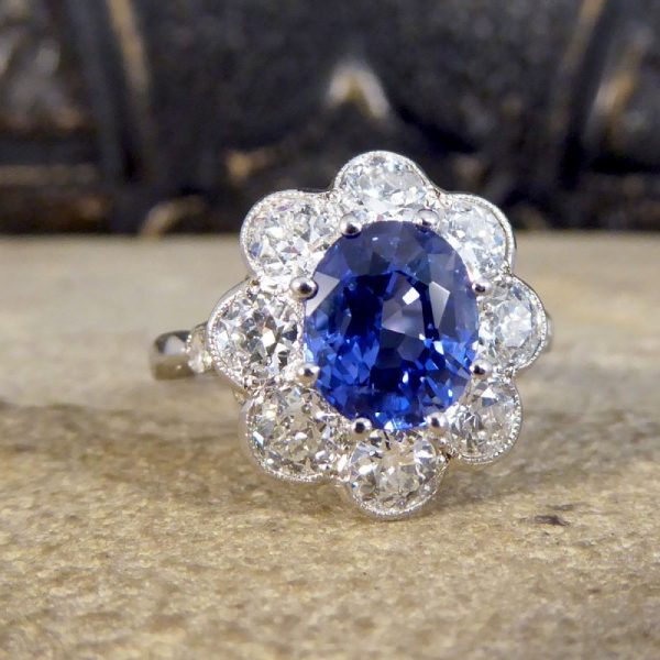 Contemporary Edwardian Style 2.30ct Sapphire and Diamond Cluster Ring