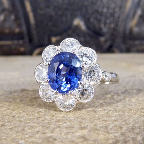 Contemporary Edwardian Style 2.30ct Sapphire and Diamond Cluster Ring