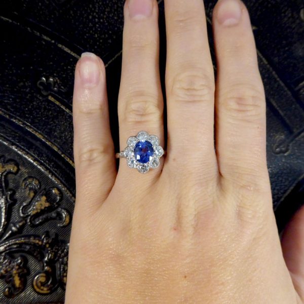 Contemporary Edwardian Style 2.30ct Sapphire and Diamond Cluster Ring