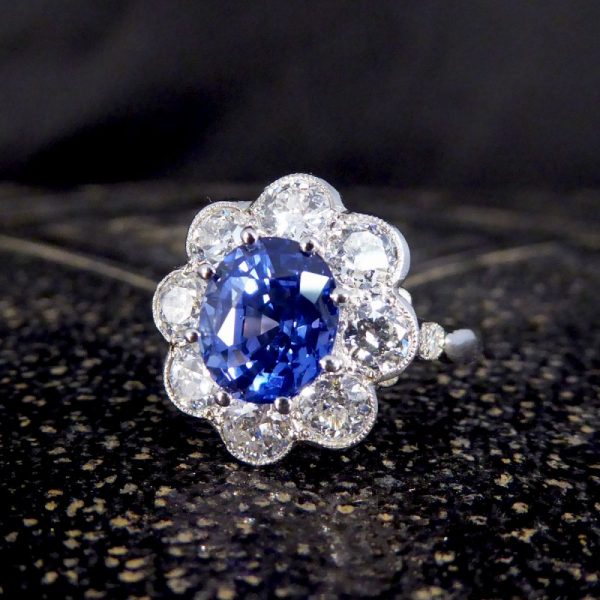 Contemporary Edwardian Style 2.30ct Sapphire and Diamond Cluster Ring