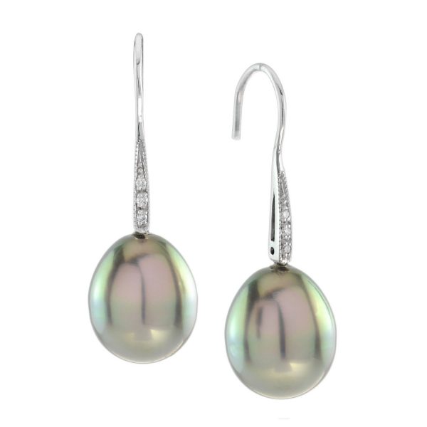 Silver Grey South Sea Pearl and Diamond Drop Earrings; drop-shaped silver overtone pearls suspended from diamond accented 18ct white gold bars leading to French wire fittings