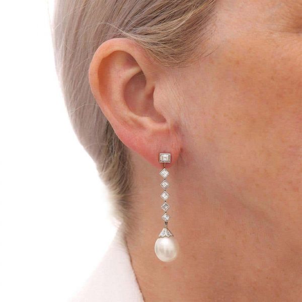 Contemporary 18ct White Gold Pearl and 3.10ct Diamond Drop Earrings