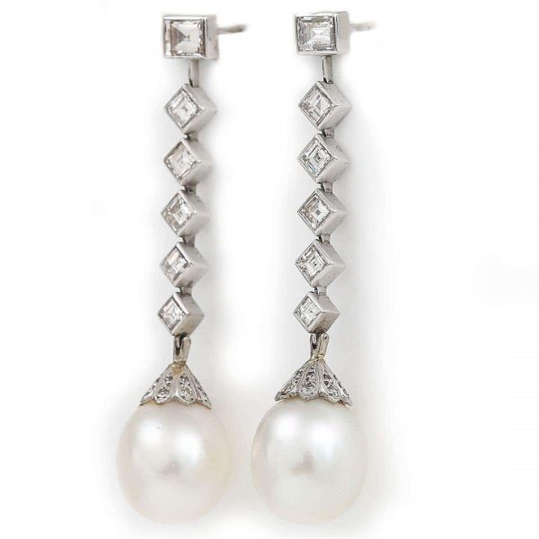 Contemporary 18ct White Gold Pearl and 3.10ct Diamond Drop Earrings