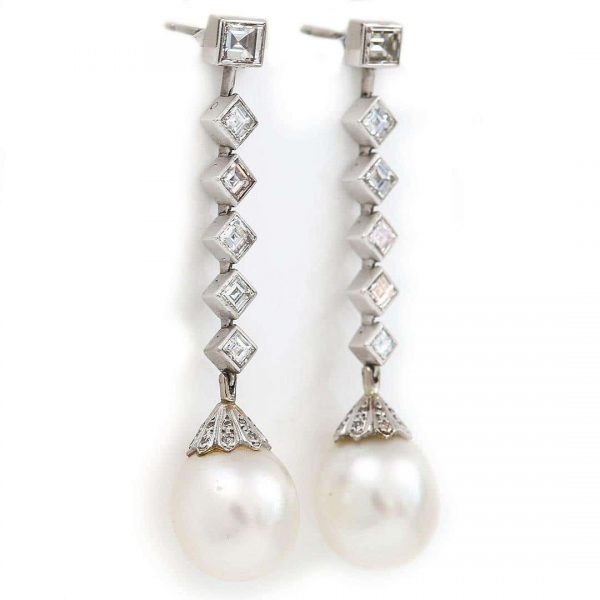 Contemporary 18ct White Gold Pearl and 3.10ct Diamond Drop Earrings