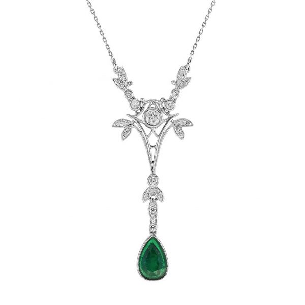 Contemporary Emerald and Diamond Drop Pendant Necklace; 1.09ct pear-shaped natural Emerald pendant suspended from 6.93ct diamond studded floral necklace, on a delicate trace chain in 18ct white gold