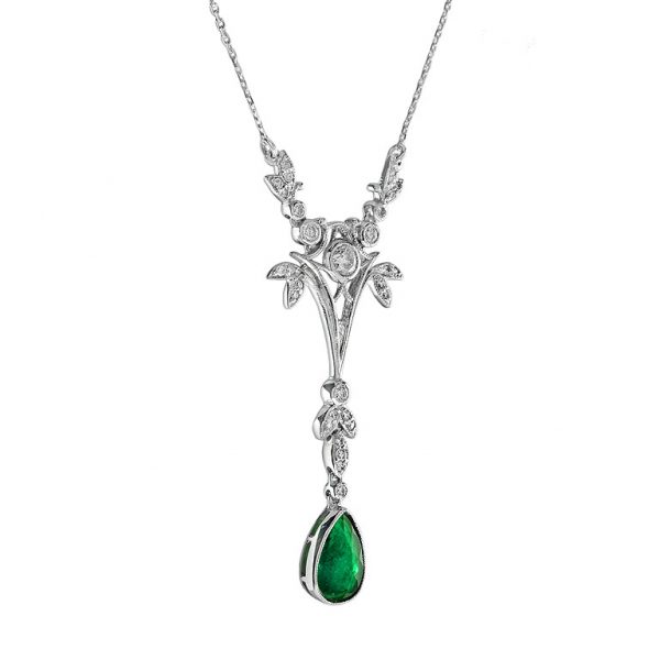 Contemporary 1.09ct Pear Shaped Emerald and Diamond Drop Pendant Necklace