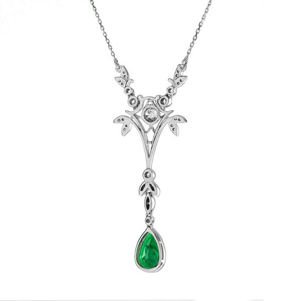 Contemporary 1.09ct Pear Shaped Emerald and Diamond Drop Pendant Necklace