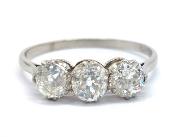 Vintage three stone diamond engagement ring 1.50 cts platinum old cut