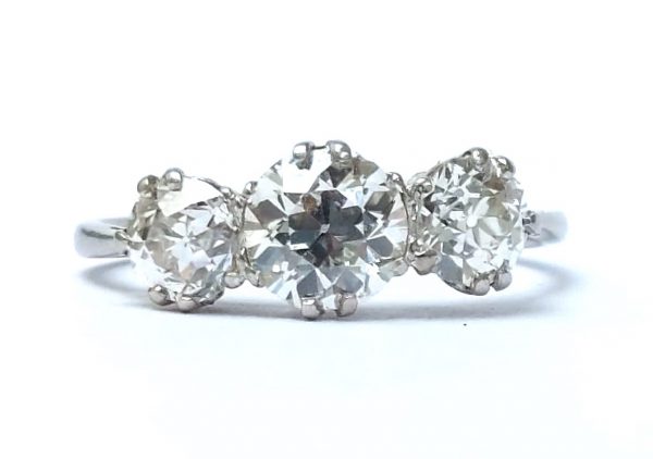 Antique old cut diamond three stone ring platinum 1.50 carats