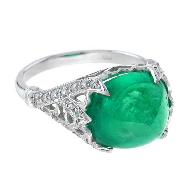 7.58ct Sugarloaf Cabochon Colombian Emerald and Diamond Cocktail Ring