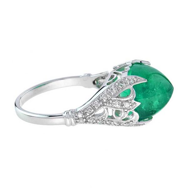 7.58ct Sugarloaf Cabochon Colombian Emerald and Diamond Cocktail Ring