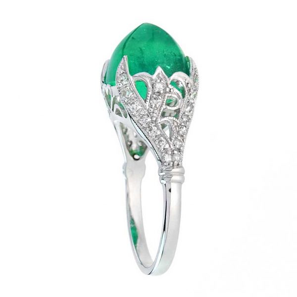 7.58ct Sugarloaf Cabochon Colombian Emerald and Diamond Cocktail Ring