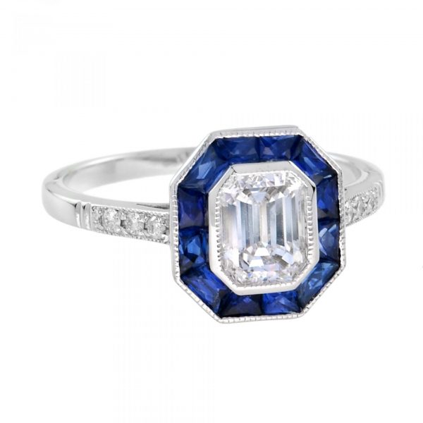 GIA Certified 0.92ct Emerald Cut Diamond and Calibre Sapphire Cluster Ring D colour