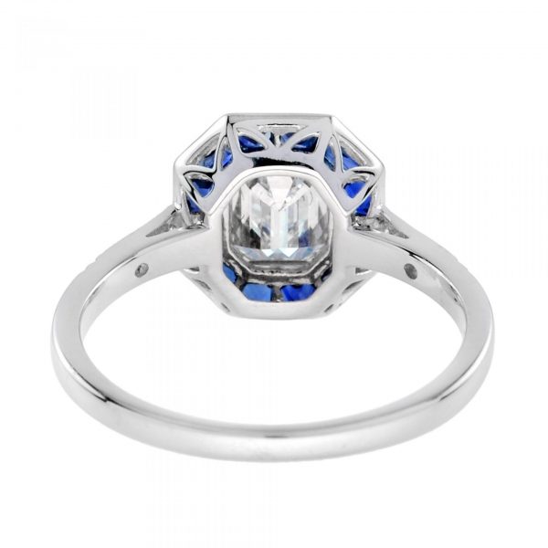 GIA Certified 0.92ct Emerald Cut Diamond and Calibre Sapphire Cluster Ring D colour