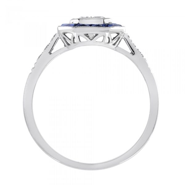 GIA Certified 0.92ct Emerald Cut Diamond and Calibre Sapphire Cluster Ring D colour