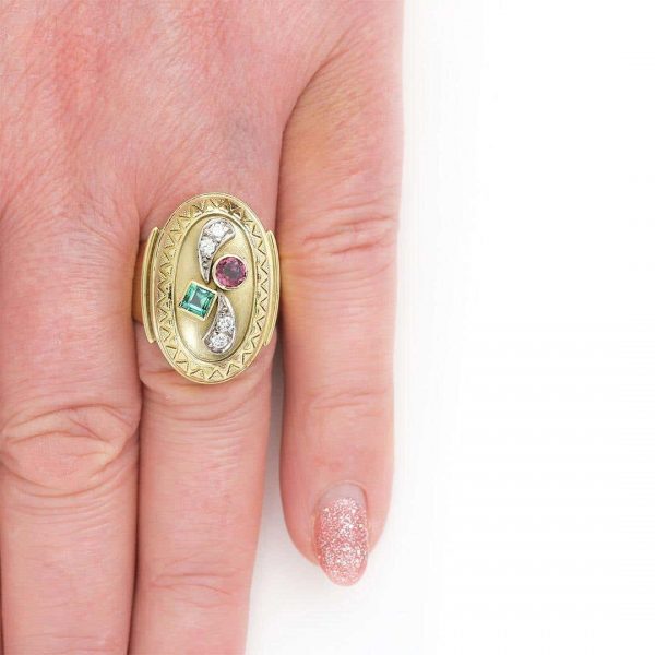 Large Vintage 14ct Yellow Gold Green and Pink Tourmaline and Diamond Dome Ring