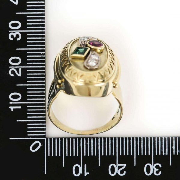 Large Vintage 14ct Yellow Gold Green and Pink Tourmaline and Diamond Dome Ring