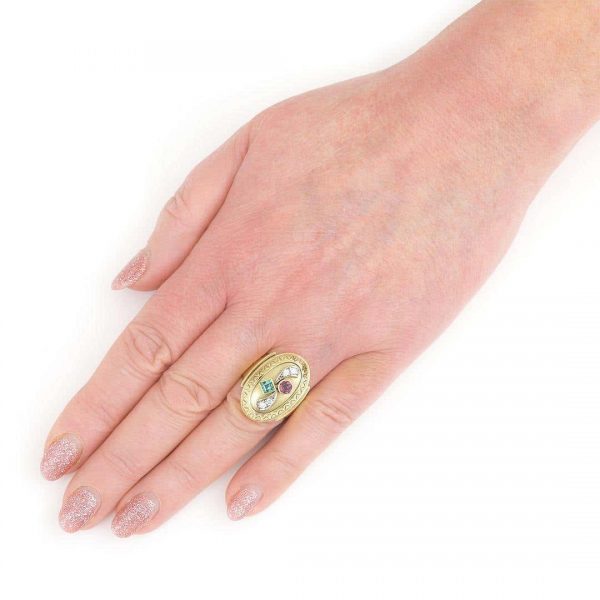 Large Vintage 14ct Yellow Gold Green and Pink Tourmaline and Diamond Dome Ring