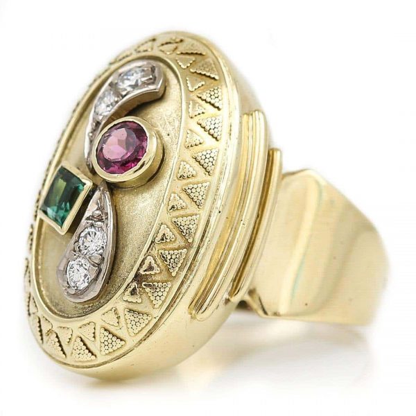 Large Vintage 14ct Yellow Gold Green and Pink Tourmaline and Diamond Dome Ring