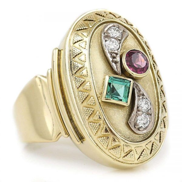 Large Vintage 14ct Yellow Gold Green and Pink Tourmaline and Diamond Dome Ring