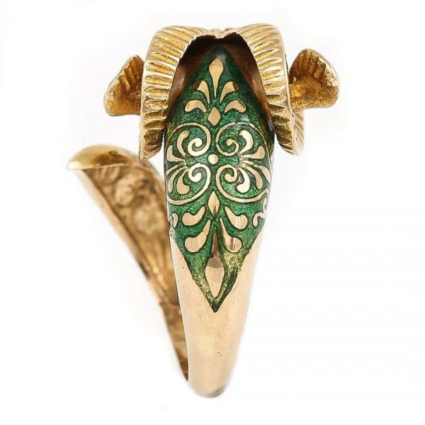 Vintage 18ct Gold Green Enamel Rams Head Celtic Ring