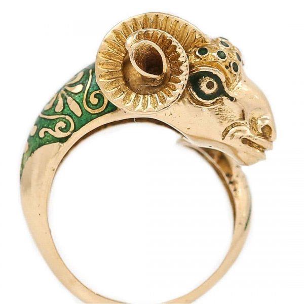 Vintage 18ct Gold Green Enamel Rams Head Celtic Ring