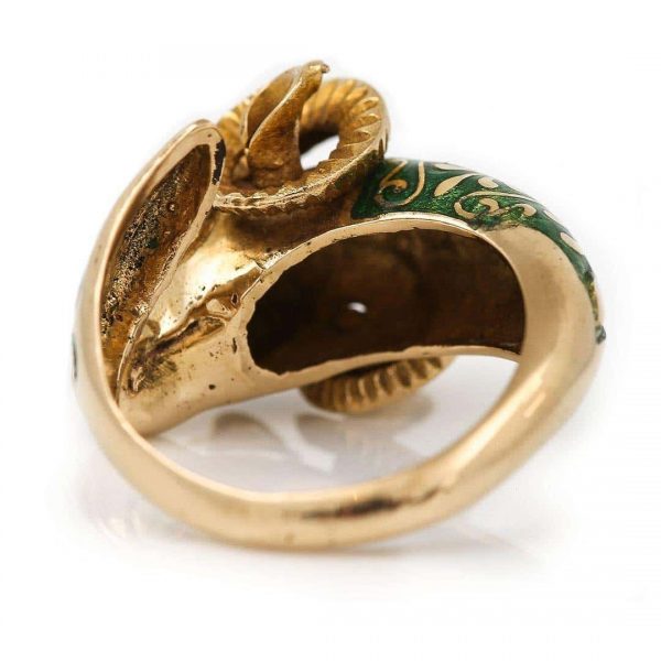 Vintage 18ct Gold Green Enamel Rams Head Celtic Ring