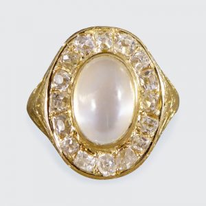 Victorian Locket Moonstone and Old Cushion Cut Diamond Cluster Ring