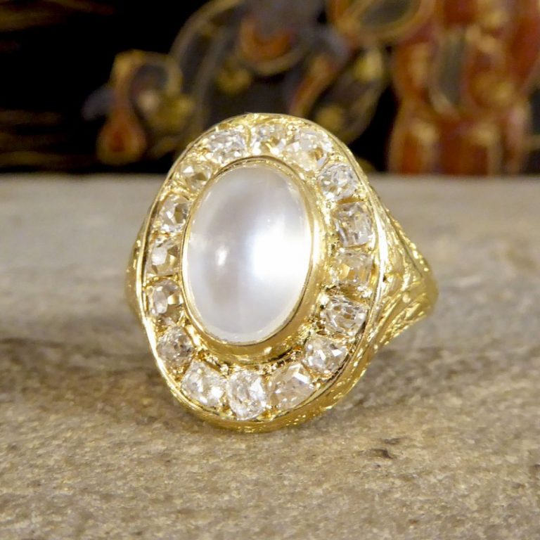 Victorian Locket Moonstone and Old Cushion Cut Diamond Cluster Ring