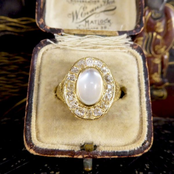 Victorian Locket Moonstone and Old Cushion Cut Diamond Cluster Ring