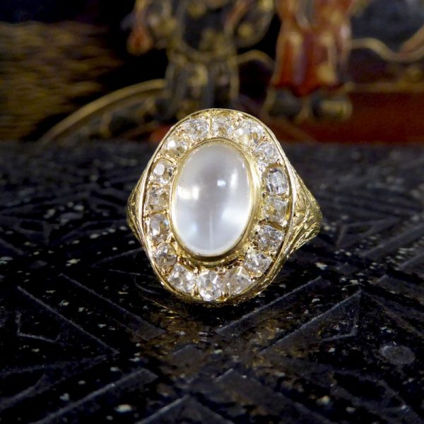 Victorian Locket Moonstone and Old Cushion Cut Diamond Cluster Ring