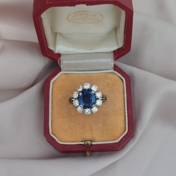 Vintage 4ct Sapphire and Diamond Cluster Ring