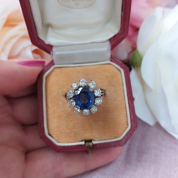 Vintage 4ct Sapphire and Diamond Cluster Ring