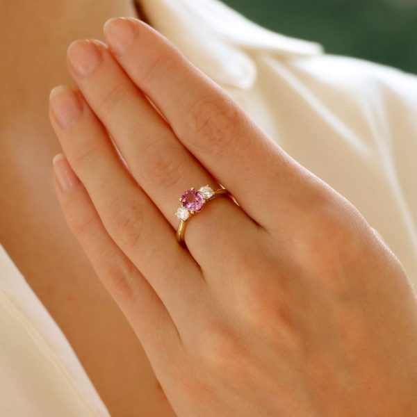 1.08ct Oval Pink Sapphire and Diamond Trilogy Engagement Ring in 18ct Yellow Gold GIA Certificates