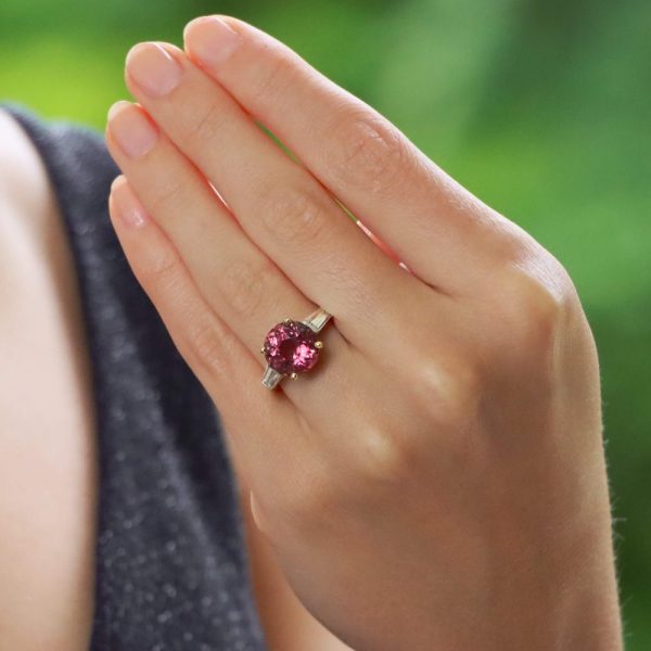 Pink Tourmaline Engagement Ring with Tapered Baguette Diamond Shoulders