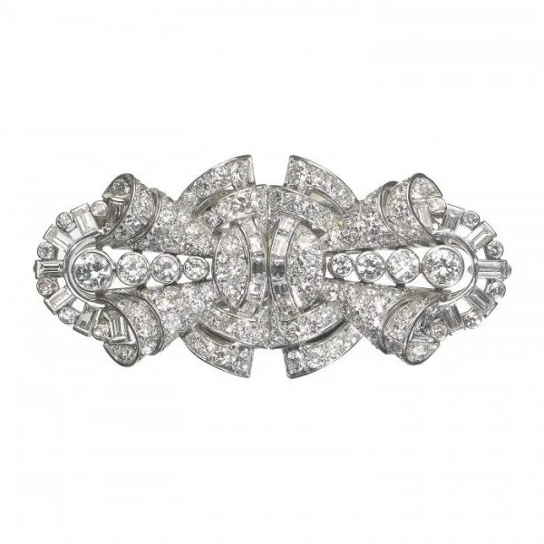 Art Deco 7ct Diamond Double Clip Brooch in Platinum