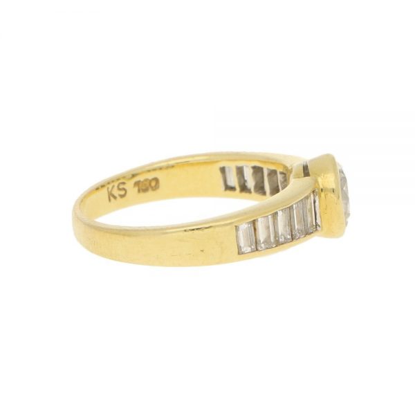 Contemporary 1ct Diamond Ring with Baguette Diamonds Shoulders 18ct Yellow Gold